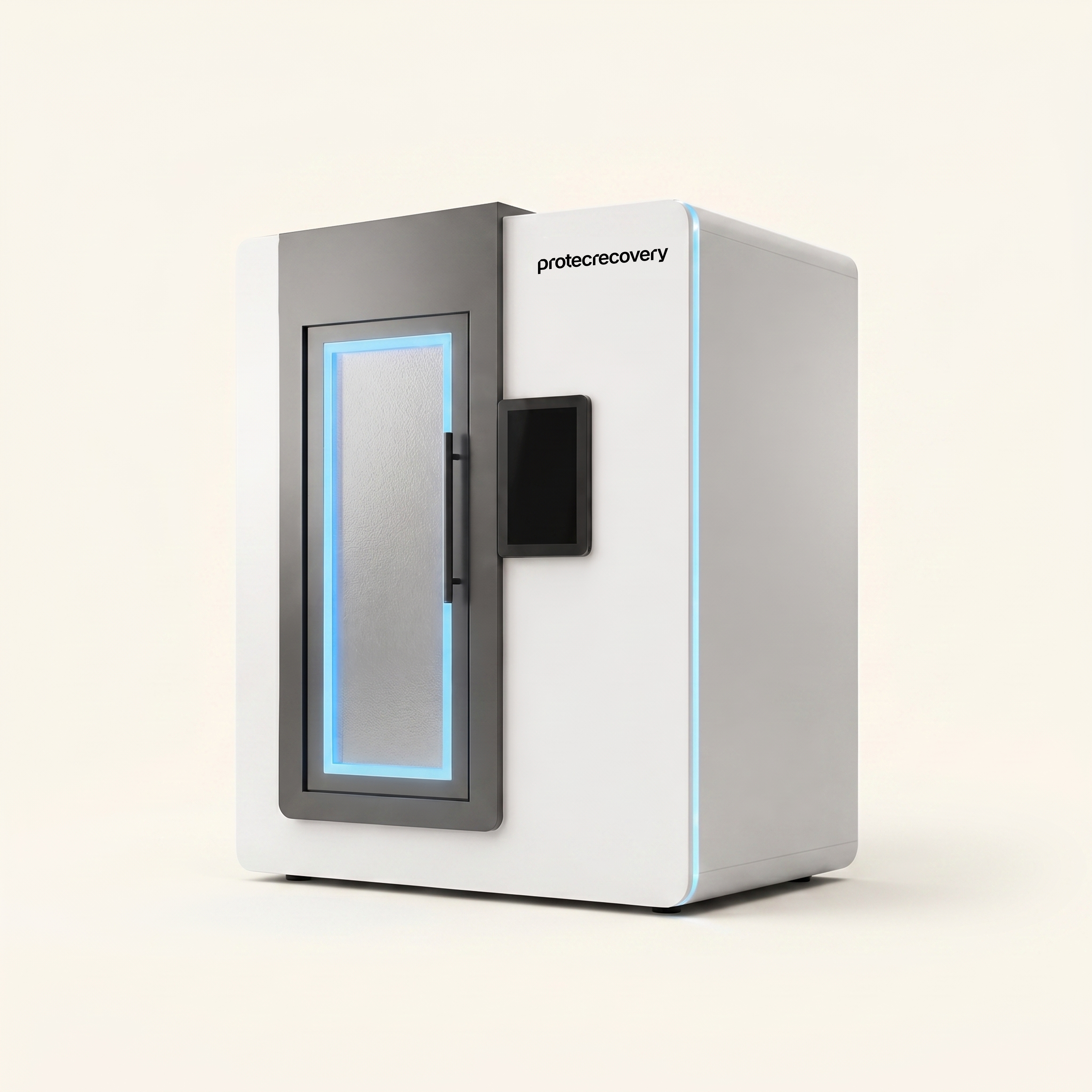Kelvin 110 whole-body cryotherapy chamber, matte white, angled view