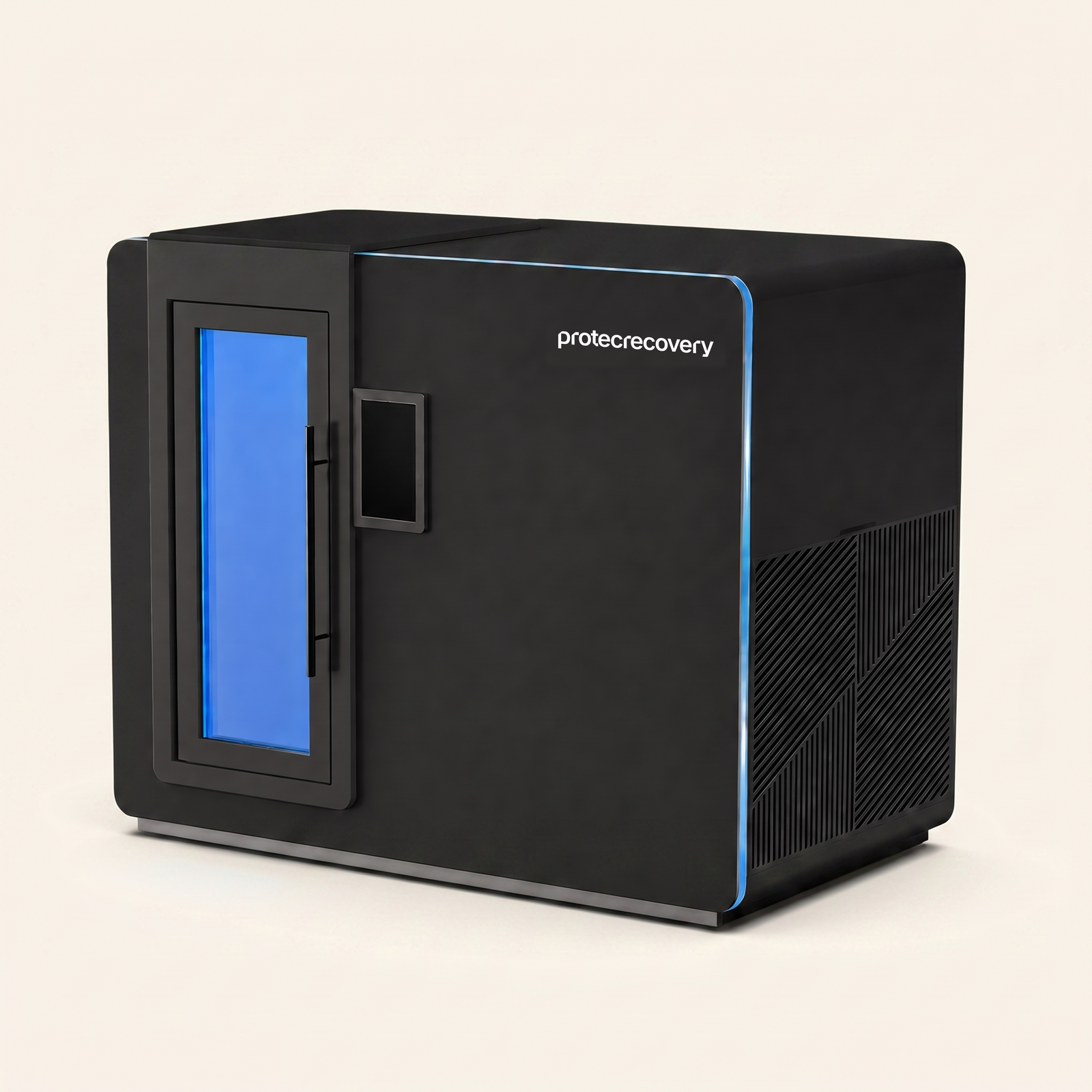 Kelvin 130 whole-body cryotherapy chamber, matte black, angled view