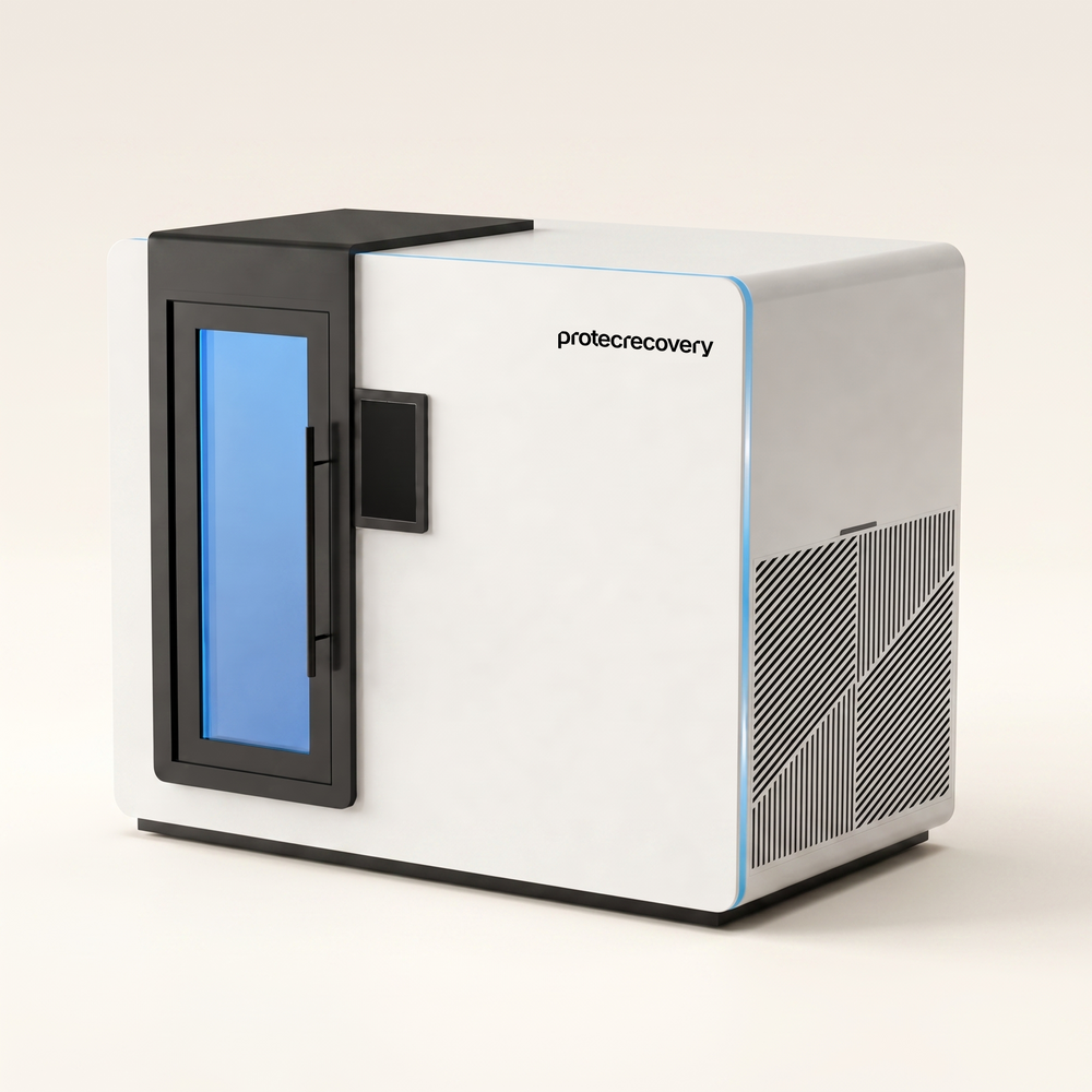 Kelvin 130 whole-body cryotherapy chamber, matte white, angled view