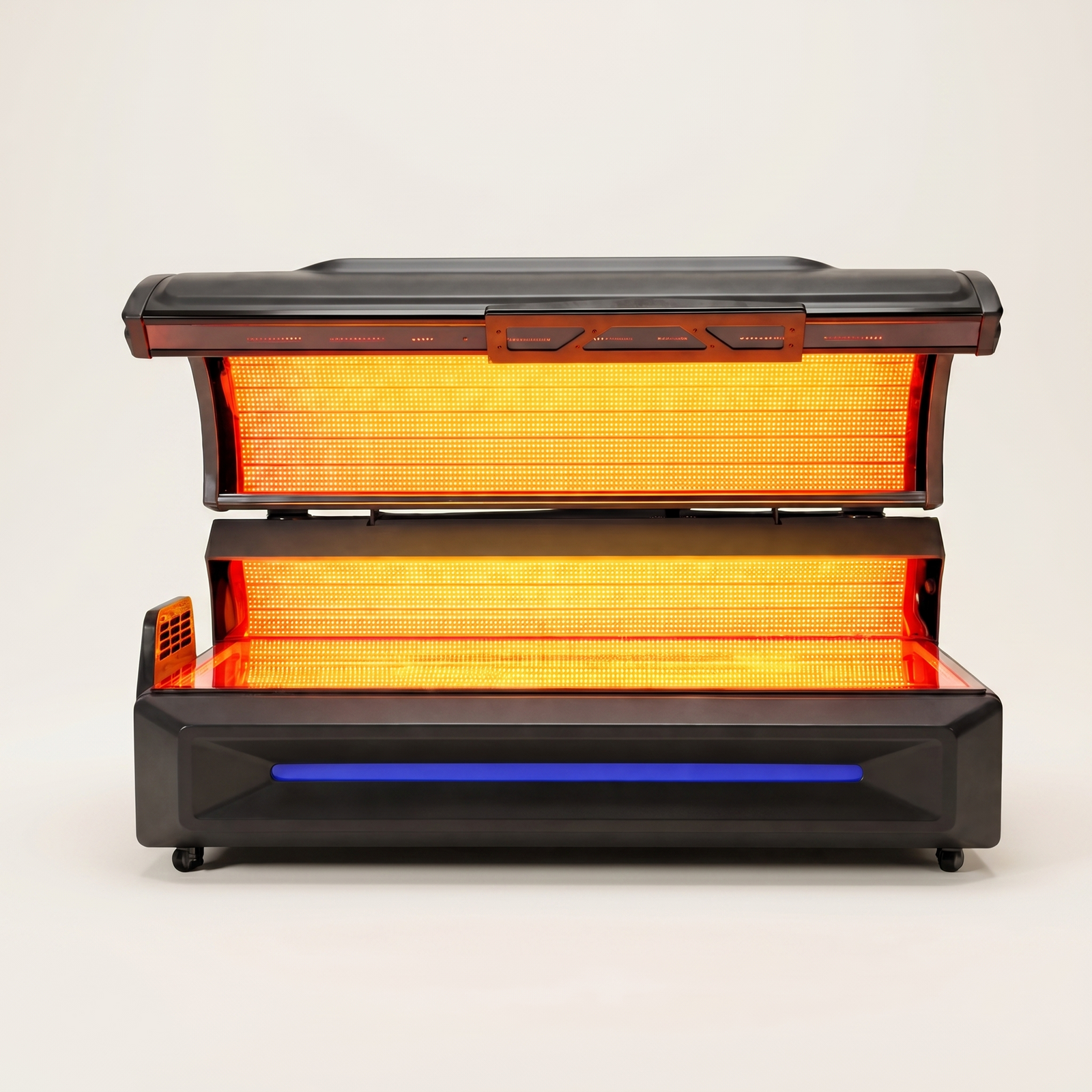LumaBed full-body red light therapy bed, black, top view with the bed open