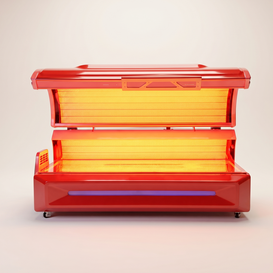 LumaBed full-body red light therapy bed, white, top view with the bed open